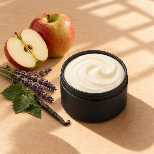Apple Lavender and Patchouli whipped tallow body butter in an open matte black tin beside a fresh apple, lavender sprigs, patchouli leaves and a vanilla bean