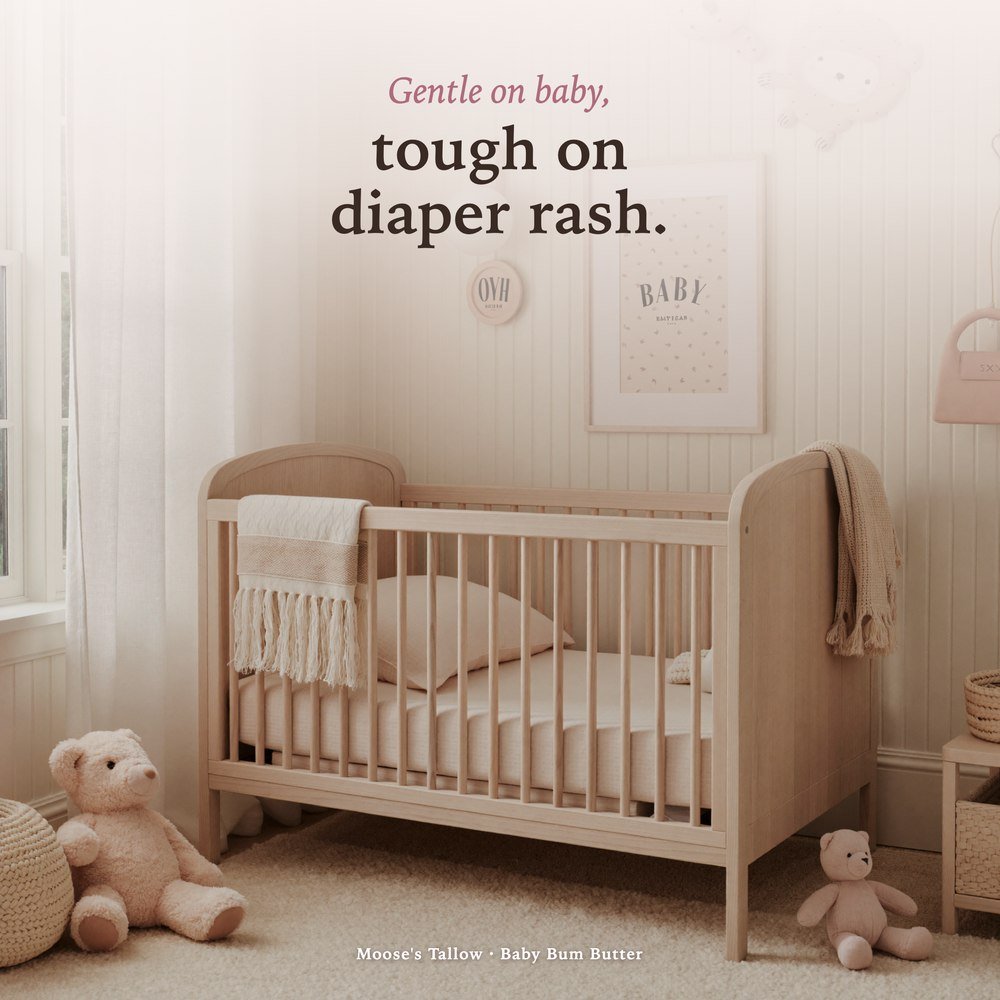 Gentle on baby, tough on diaper rash — Baby Bum Butter natural tallow and zinc oxide diaper cream, soft pink baby girl's nursery