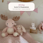 Moose's Tallow 30-Day Love It Guarantee on Baby Bum Butter natural diaper cream — plush moose in a pink nursery, love it within 30 days or get your money back