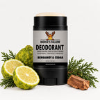 Bergamot & Cedar tallow baking soda free deodorant stick, aluminum-free, beside fresh bergamot and cedar