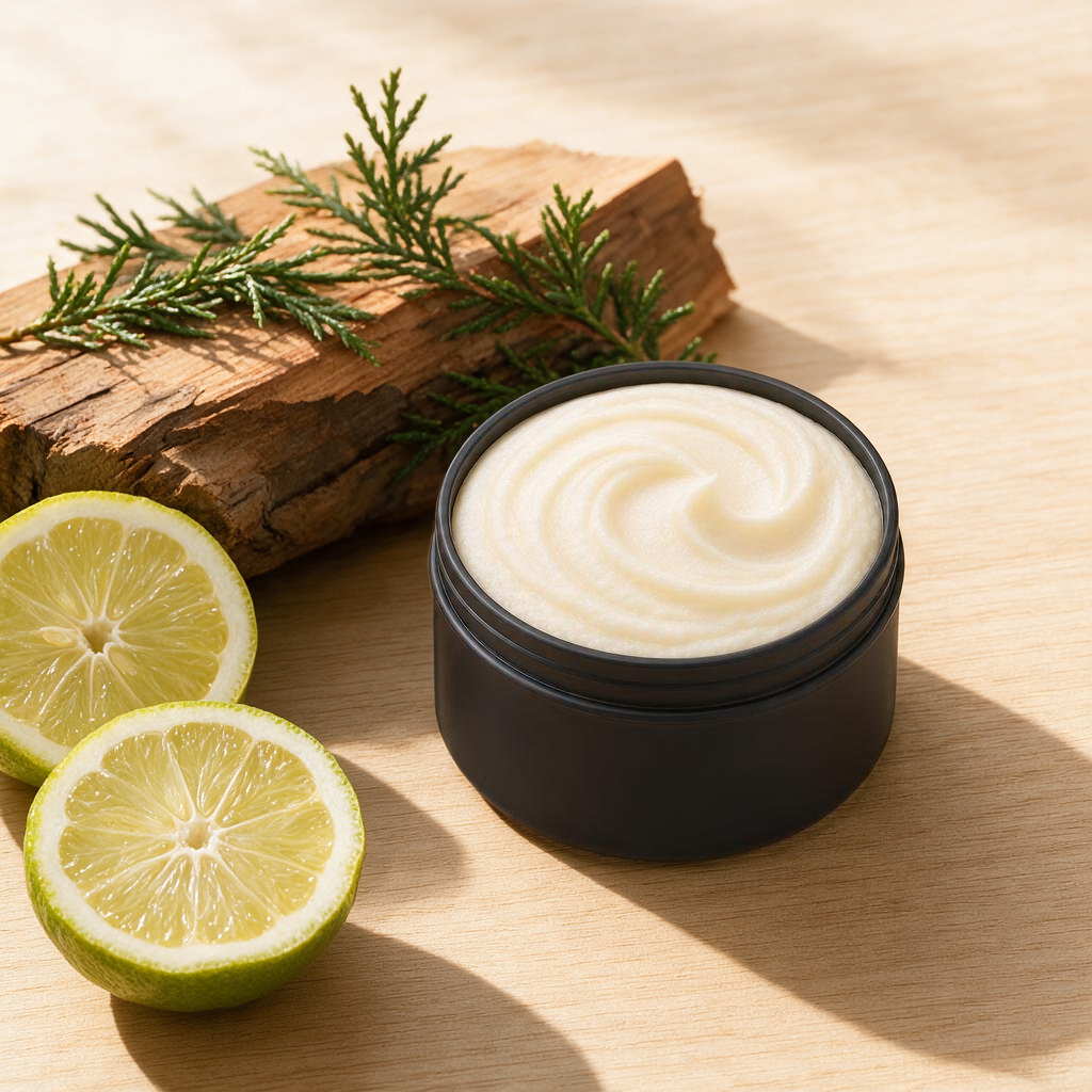 Bergamot and Cedar whipped tallow body butter in an open matte black tin beside sliced fresh bergamot and cedar wood