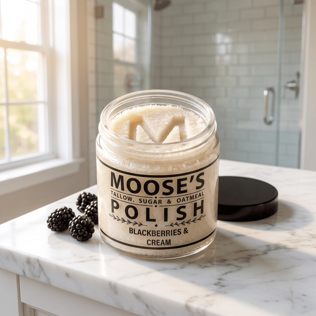 Open jar of Blackberries & Cream Sugar Scrub with the Moose's M pressed into the sugar scrub