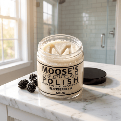Open jar of Blackberries & Cream Sugar Scrub with the Moose's M pressed into the sugar scrub