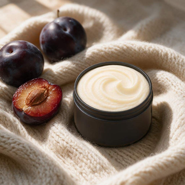 Cashmere & Plum whipped tallow body butter in a matte black tin on cream cashmere knit with ripe dark plums