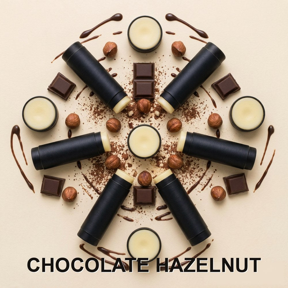 Chocolate hazelnut beef tallow lip balm, black tubes with dark chocolate and hazelnuts - Moose's Tallow
