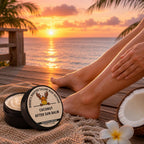 Applying Coconut After Sun Body Butter on legs at sunset — Moose's Tallow