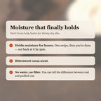 Dark Cocoa Body Butter benefits: holds moisture for hours, bittersweet cocoa scent, no water or filler