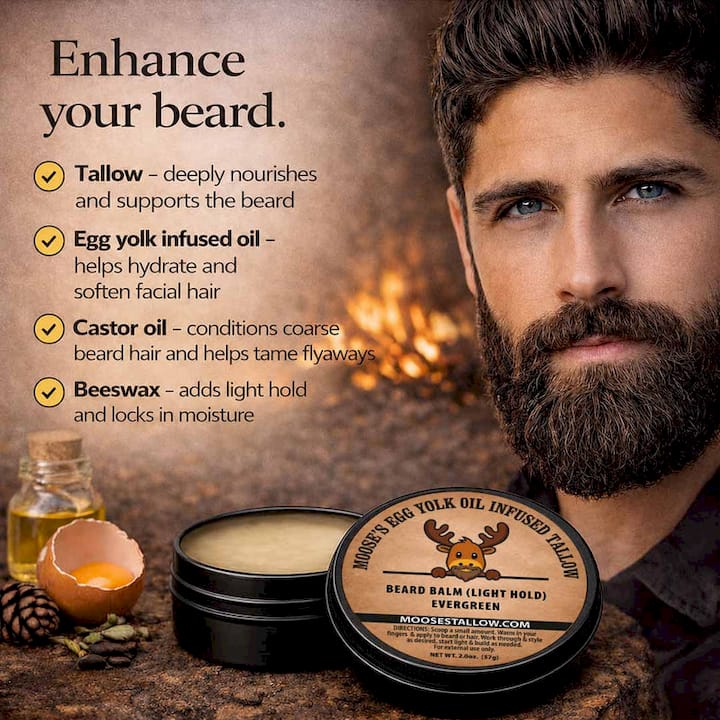 Man working tallow beard balm into his beard for shape and hold