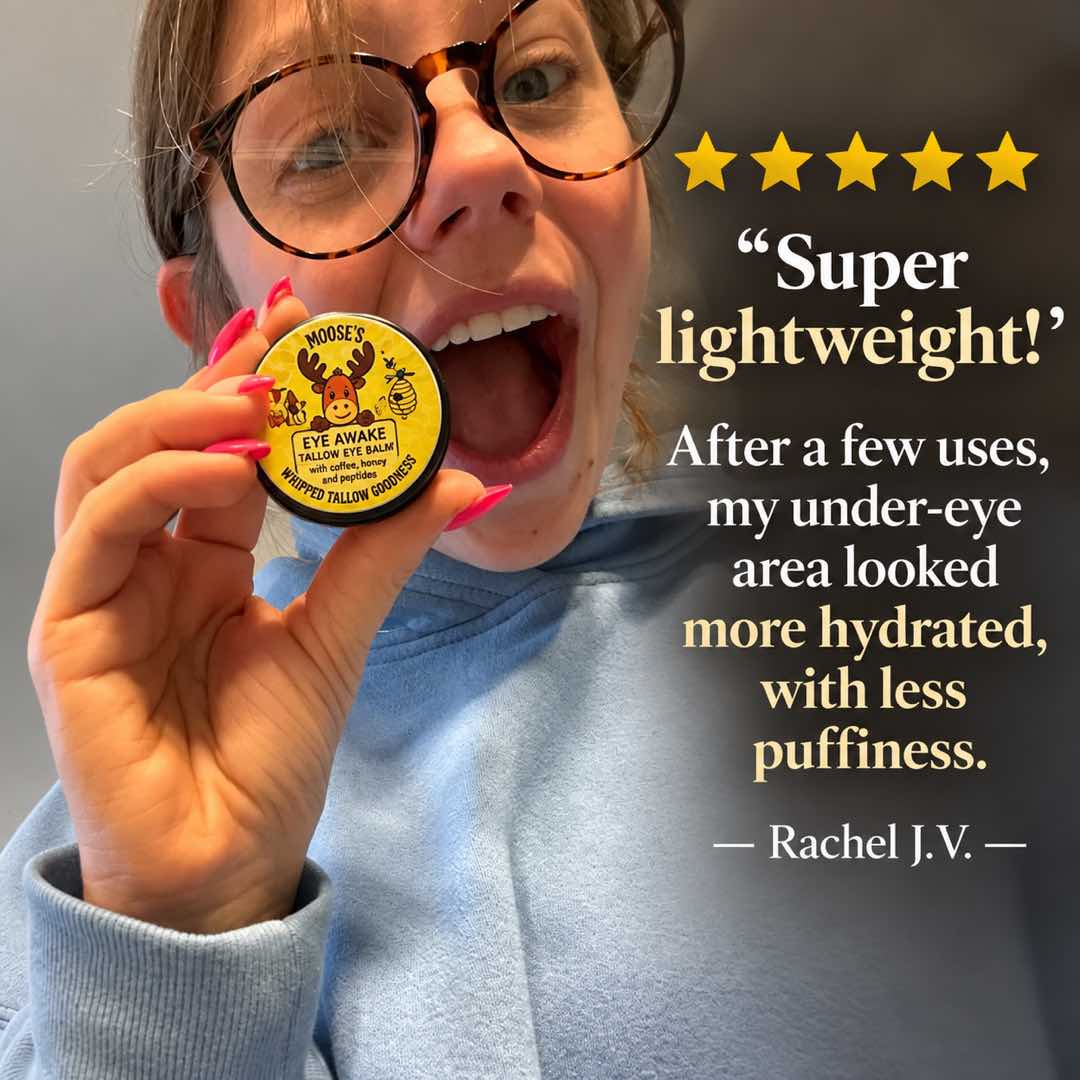 5-star customer review: Eye Awake tallow eye cream is super lightweight, left under-eye area more hydrated with less puffiness - Rachel J.V.