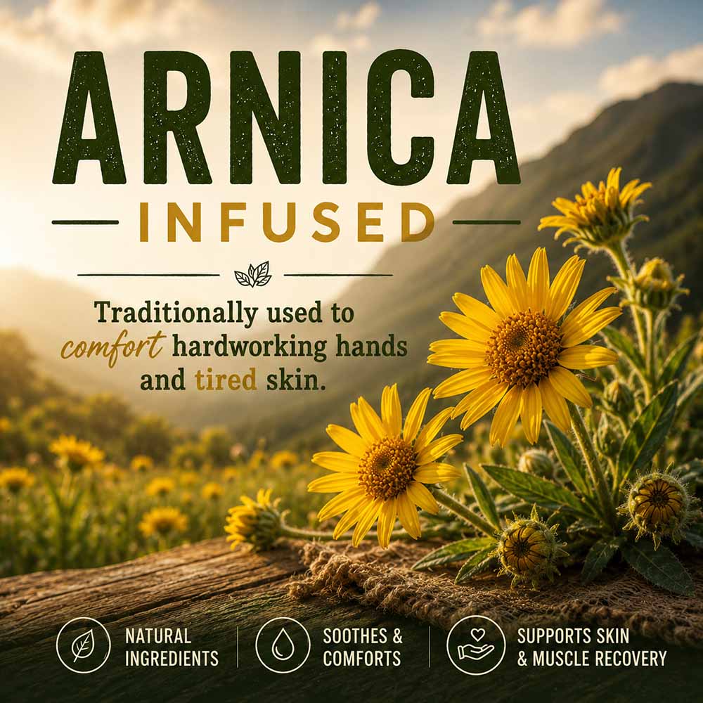 Arnica-infused hand cream — arnica flowers in a mountain meadow, traditionally used to comfort hardworking hands
