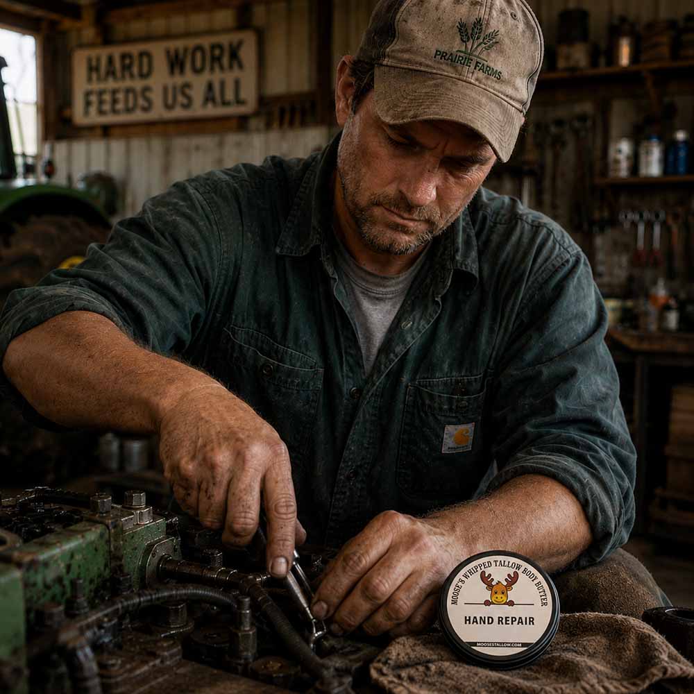Farmer using beef tallow hand cream while working on a tractor engine with dry, cracked hands