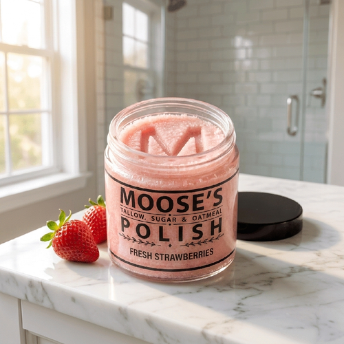 Fresh Strawberry Sugar Polish, open jar with the Moose's M pressed into the pink scrub