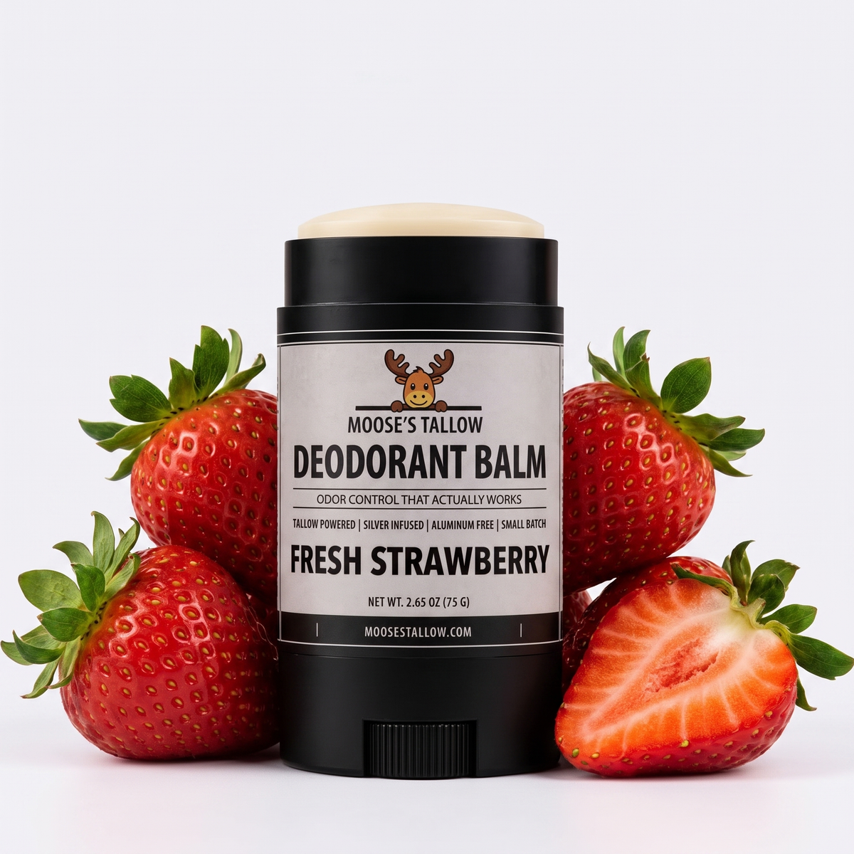 Fresh Strawberry natural deodorant stick surrounded by fresh strawberries, aluminum-free tallow deodorant balm