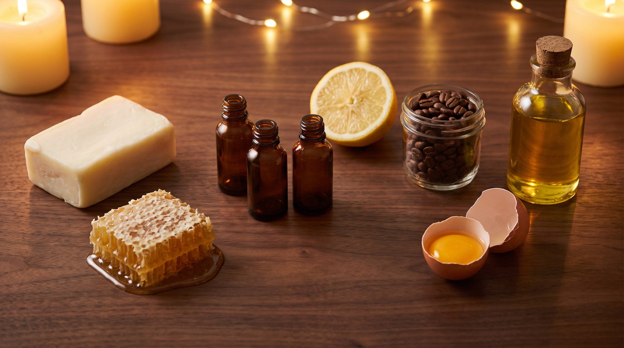 Moose's Tallow ingredients flat-lay: rendered tallow, honeycomb, coffee beans, egg yolk, oil bottle