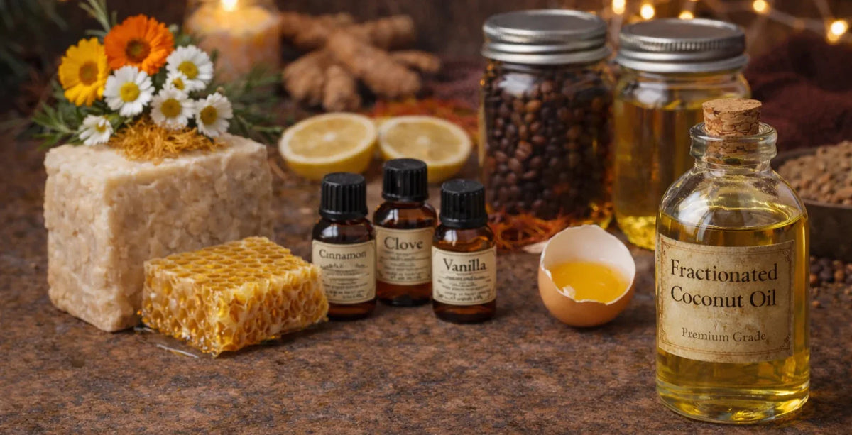 Assorted natural products including oils, honey, and flowers on a wooden surface.
