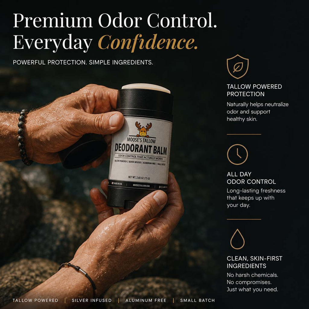 Aluminum-free tallow deodorant balm for all-day odor protection