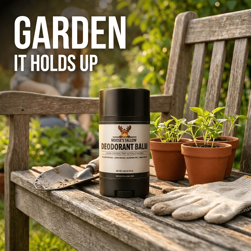 Tallow deodorant holds up while gardening