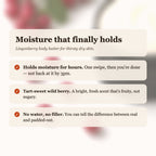 Lingonberry Body Butter benefits: holds moisture for hours, tart-sweet wild berry scent, no water or filler