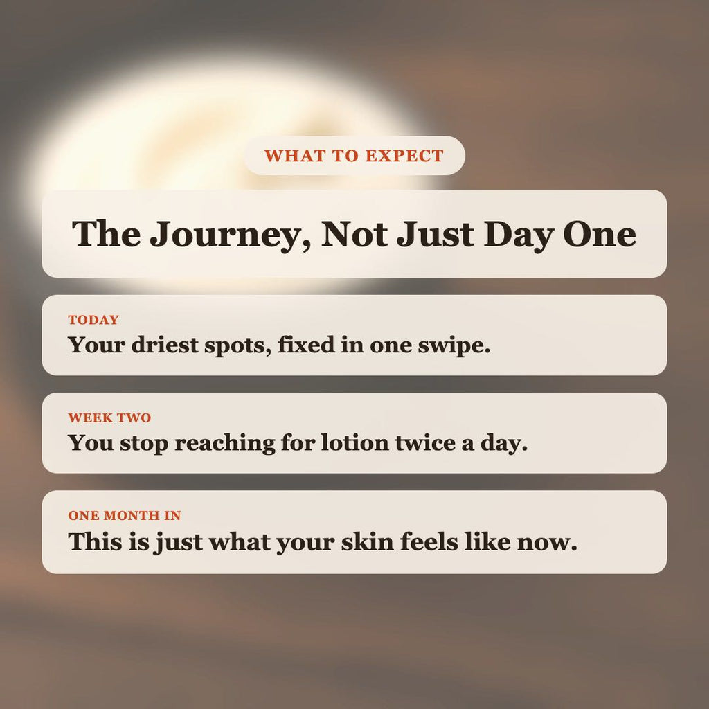 What to expect from Mahogany Teakwood Body Butter: driest spots fixed today, stop reaching for lotion by week two, lasting soft skin after one month