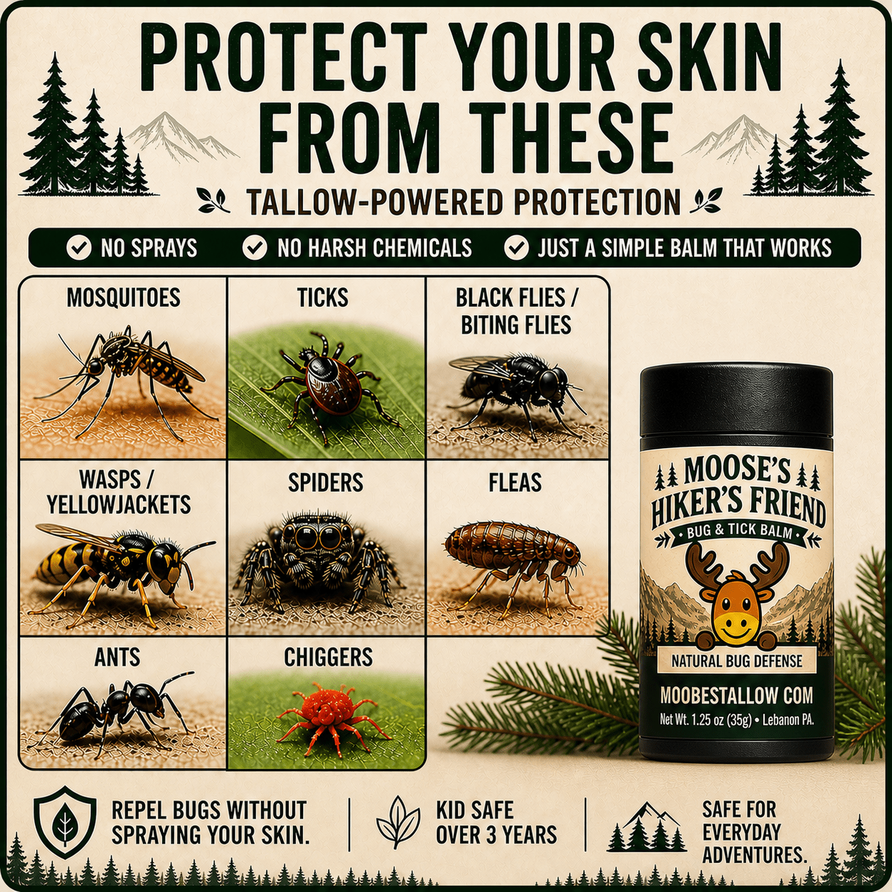 Hiker's Friend, a natural DEET-free bug balm made with plant oils, in a matte black tin