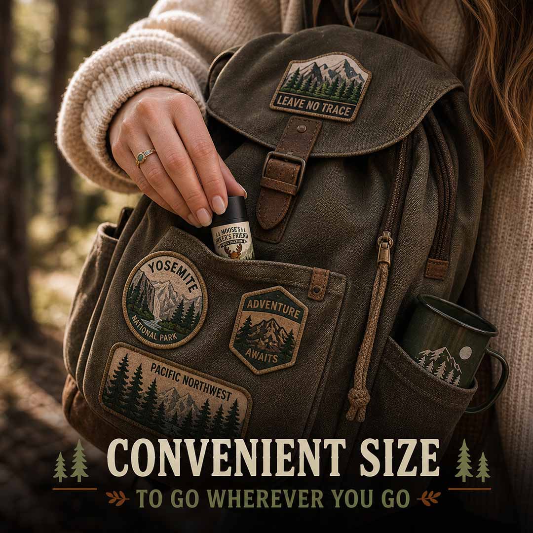 Convenient Hiker's Friend natural bug repellent stick tucked into a hiking backpack pocket