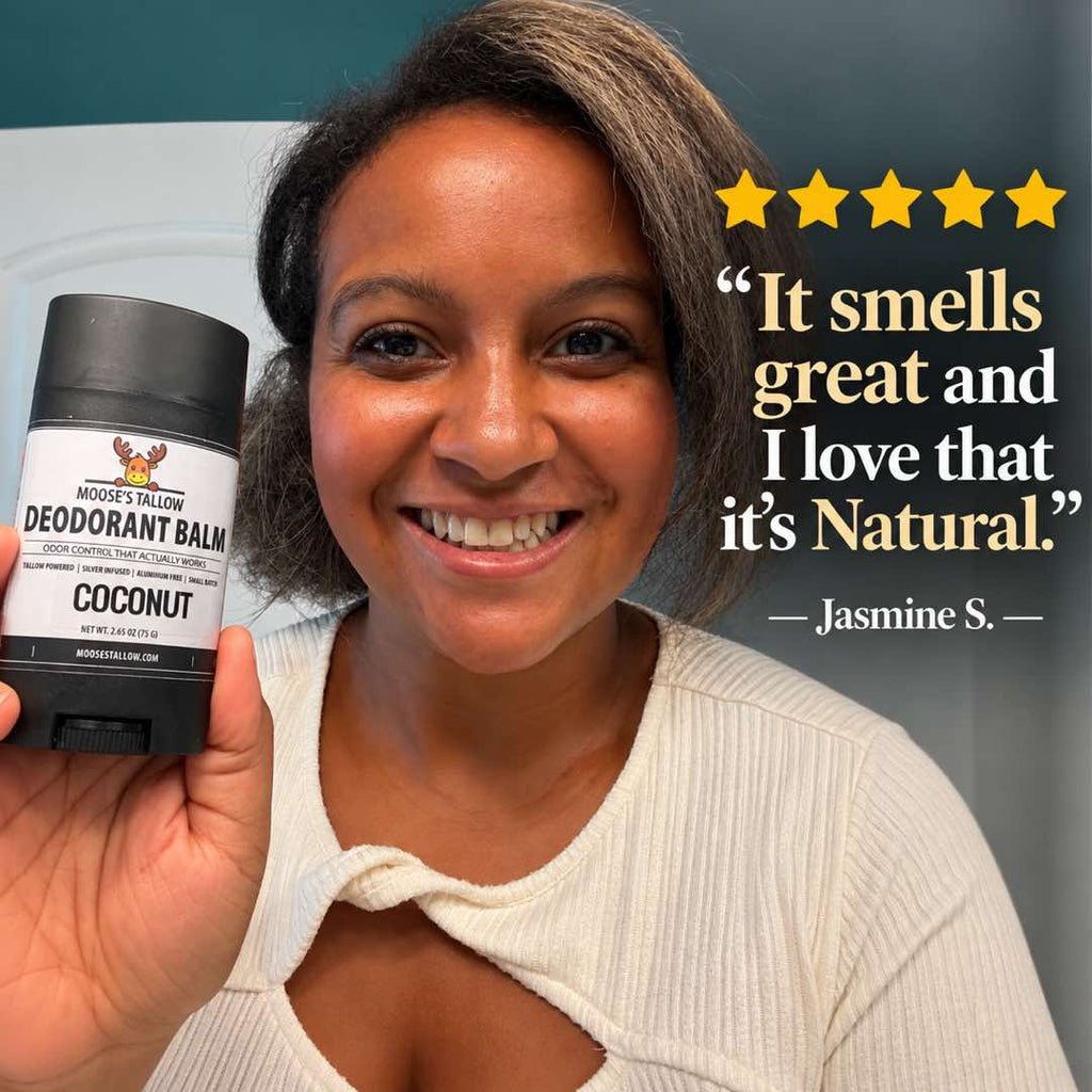5-star customer review of Moose's natural aluminum-free deodorant: smells great and it's natural - Jasmine S.
