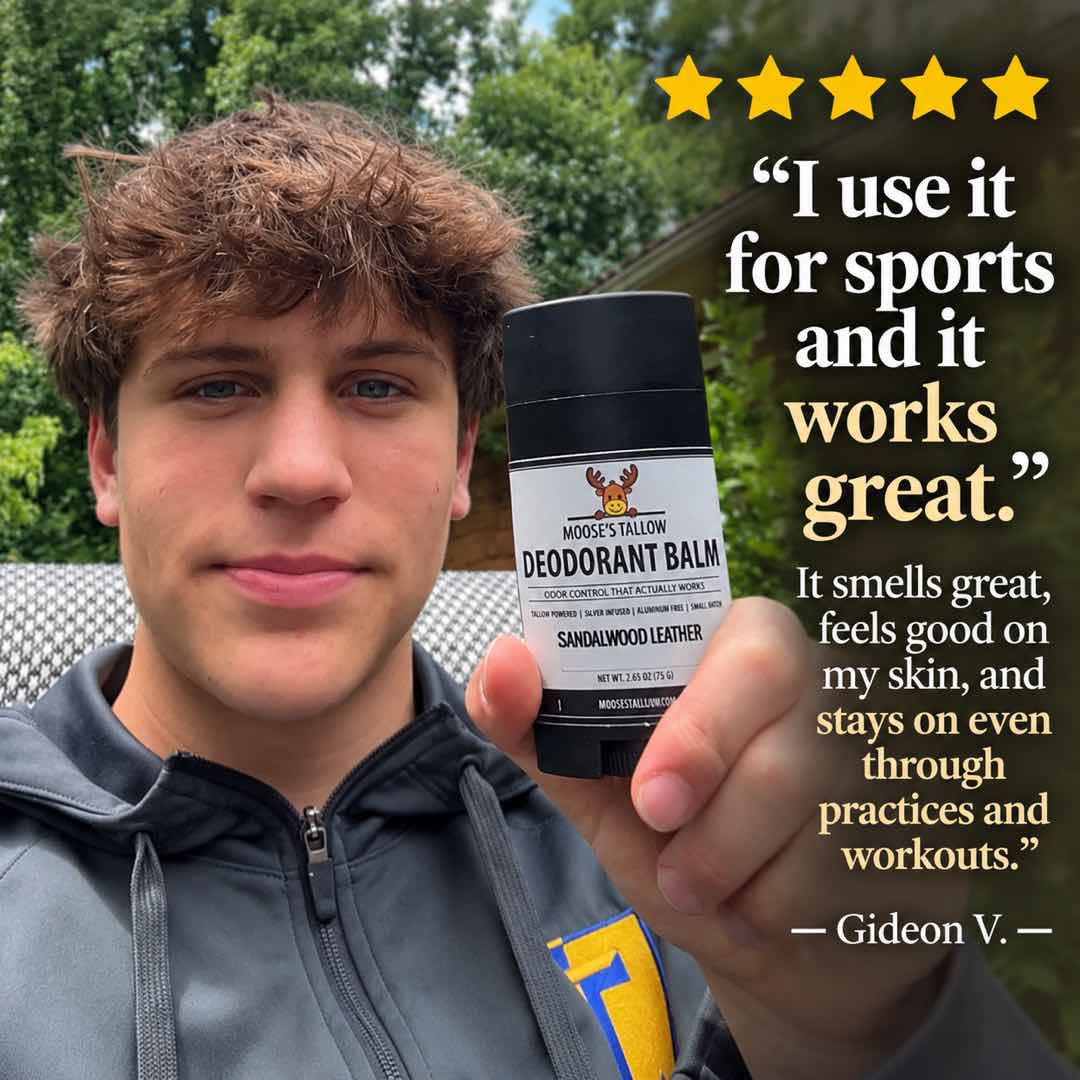 5-star customer review: Moose's natural deodorant works great for sports and stays on through workouts - Gideon V.