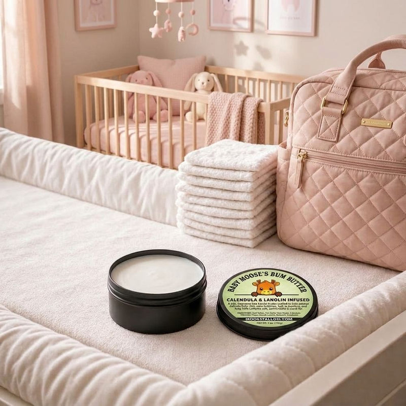 Baby Bum Butter natural tallow and zinc oxide diaper cream tin with the Baby Moose's Bum Butter calendula and lanolin label and smooth white barrier paste, in a soft pink baby girl's nursery with a blush-pink diaper bag