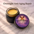 Moose's Night Repair overnight anti-aging tallow face cream with bakuchiol and CoQ10, open black glass jar on marble