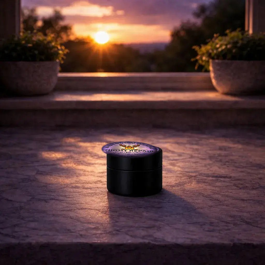 Moose's Night Repair tallow face cream jar on a stone step at sunset