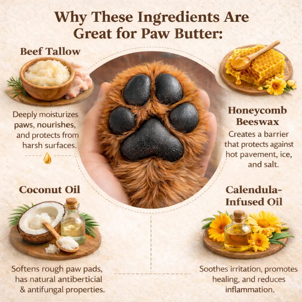 Why tallow, beeswax, coconut oil and calendula make a great dog paw balm, ingredient infographic