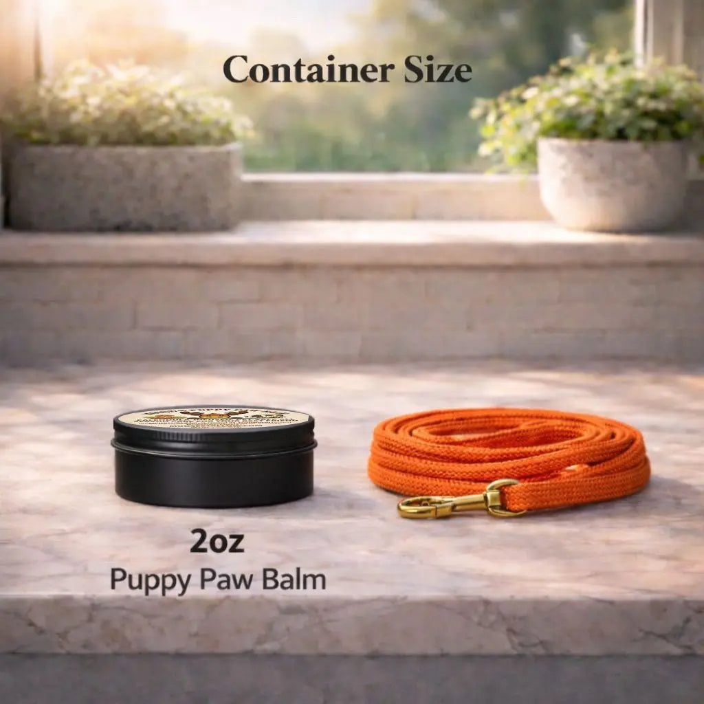 2oz Puppy Paw Balm tin beside an orange leash, a dog paw wax for everyday dog paw protection