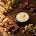 Frankincense & Myrrh Resin-Infused Whipped Tallow, open black tin with real frankincense and myrrh resin