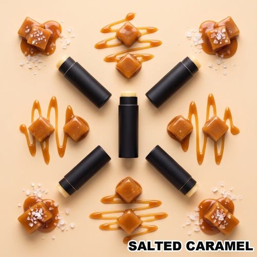 Salted caramel beef tallow lip balm tubes with caramel candies and sea salt