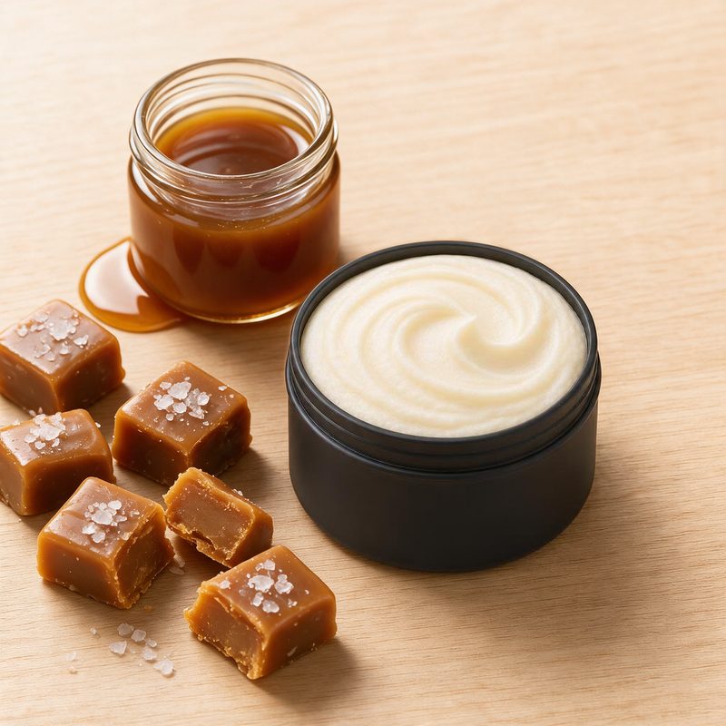 Salted Caramel Whipped Tallow Body Butter open tin with salted caramel candy pieces and a jar of caramel sauce