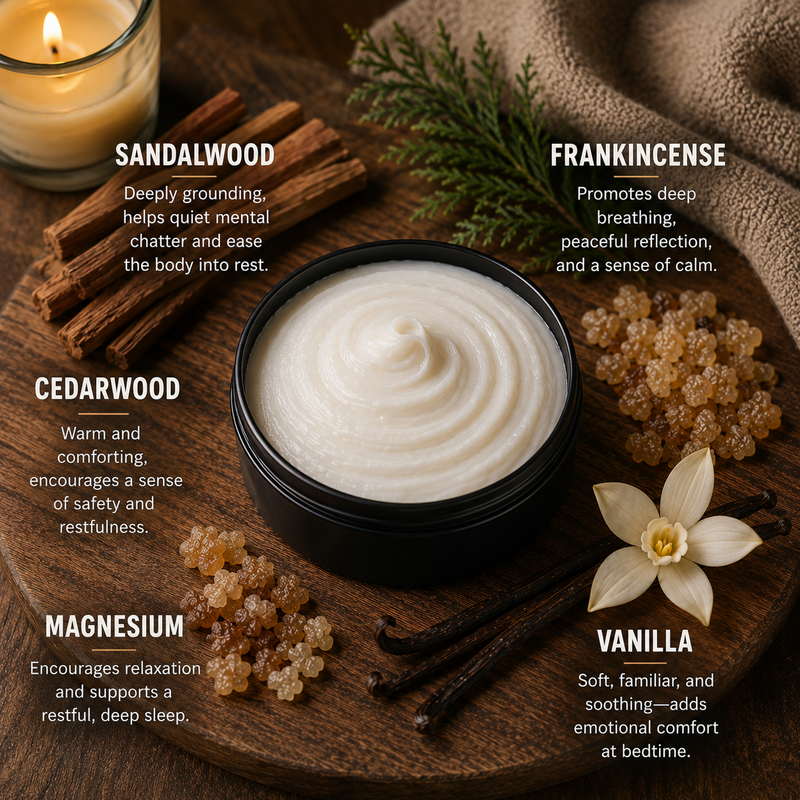 Sleep Tight essential oil blend: sandalwood, frankincense, cedarwood, magnesium, and vanilla