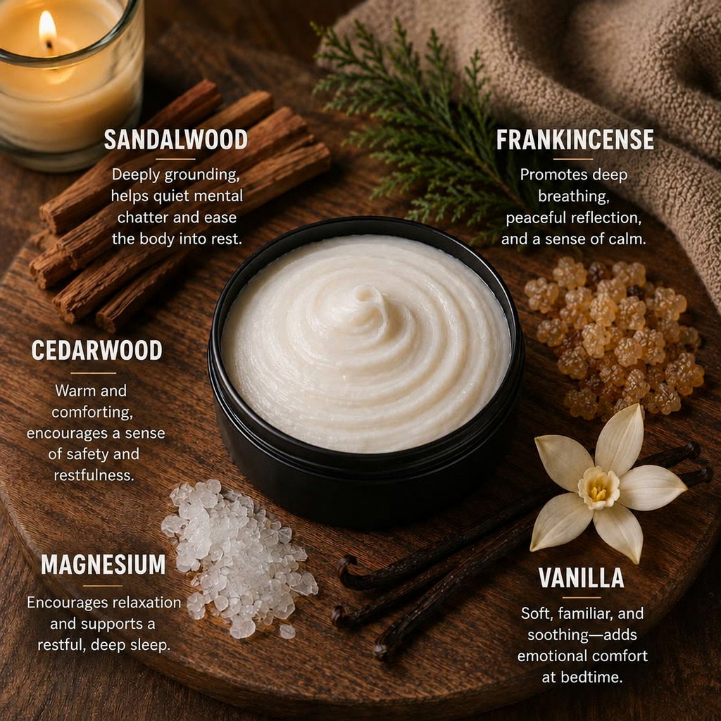 Sleep Tight blend: sandalwood, frankincense, cedarwood, magnesium chloride flakes, and vanilla
