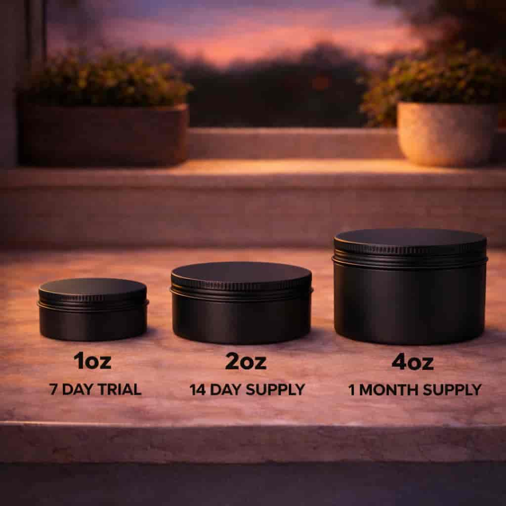 Sleep Tight magnesium body butter tin sizes: 1oz trial, 2oz, and 4oz one-month supply