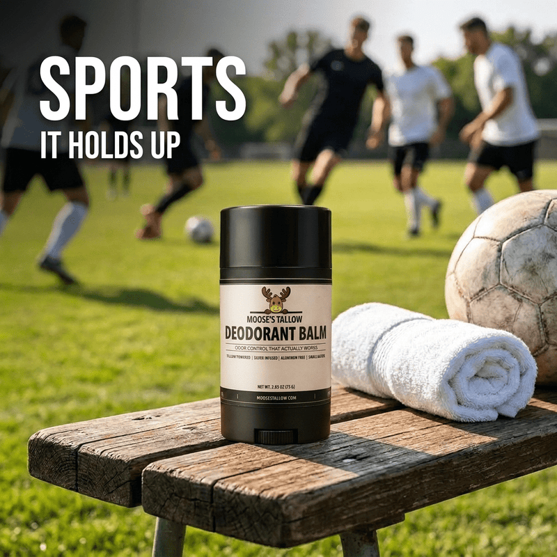 Moose's Tallow deodorant balm — holds up for sports at a soccer game