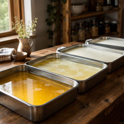 Shallow trays of rendered tallow cooling from golden to creamy white on a wooden table