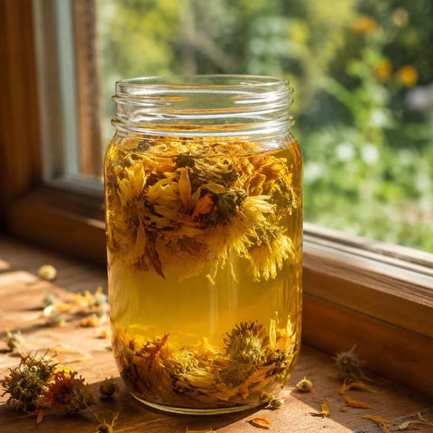 Glass jar of tallow and oil infusing with dried calendula and arnica flowers in a sunny window