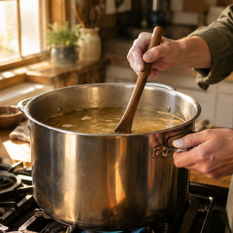 Hands stirring a stainless pot of beef tallow slowly rendering over low heat on a stove