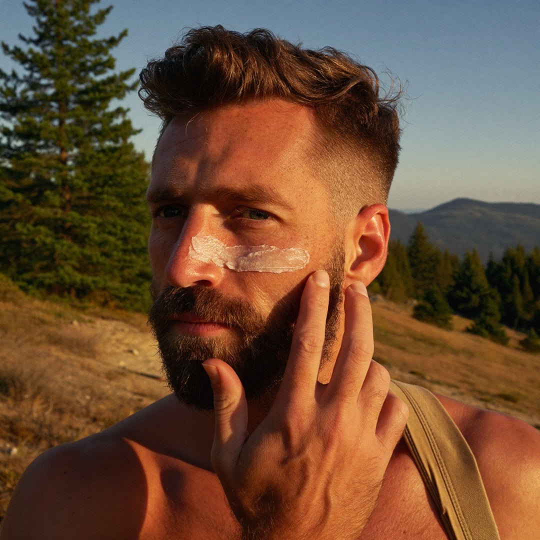 Man on a sunny mountain trail applying Tallow & Zinc Outdoor Sun Balm to his face