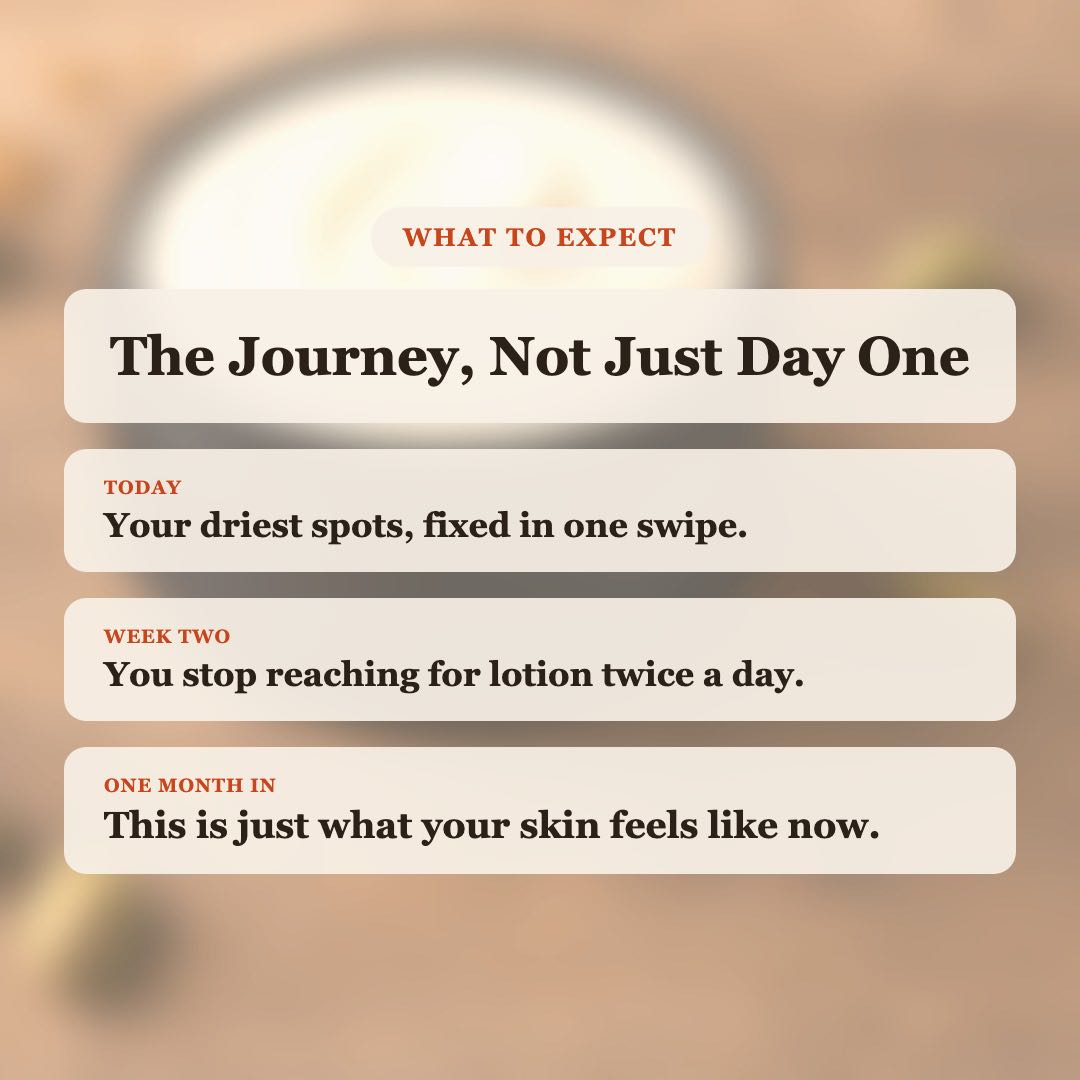 What to expect from Toasted Pistachio Caramel Body Butter: driest spots fixed today, stop reaching for lotion by week two, lasting soft skin after one month
