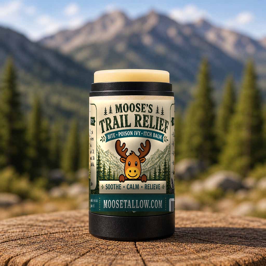 Moose's Trail Relief natural after-bite itch balm stick on a stump with mountains behind