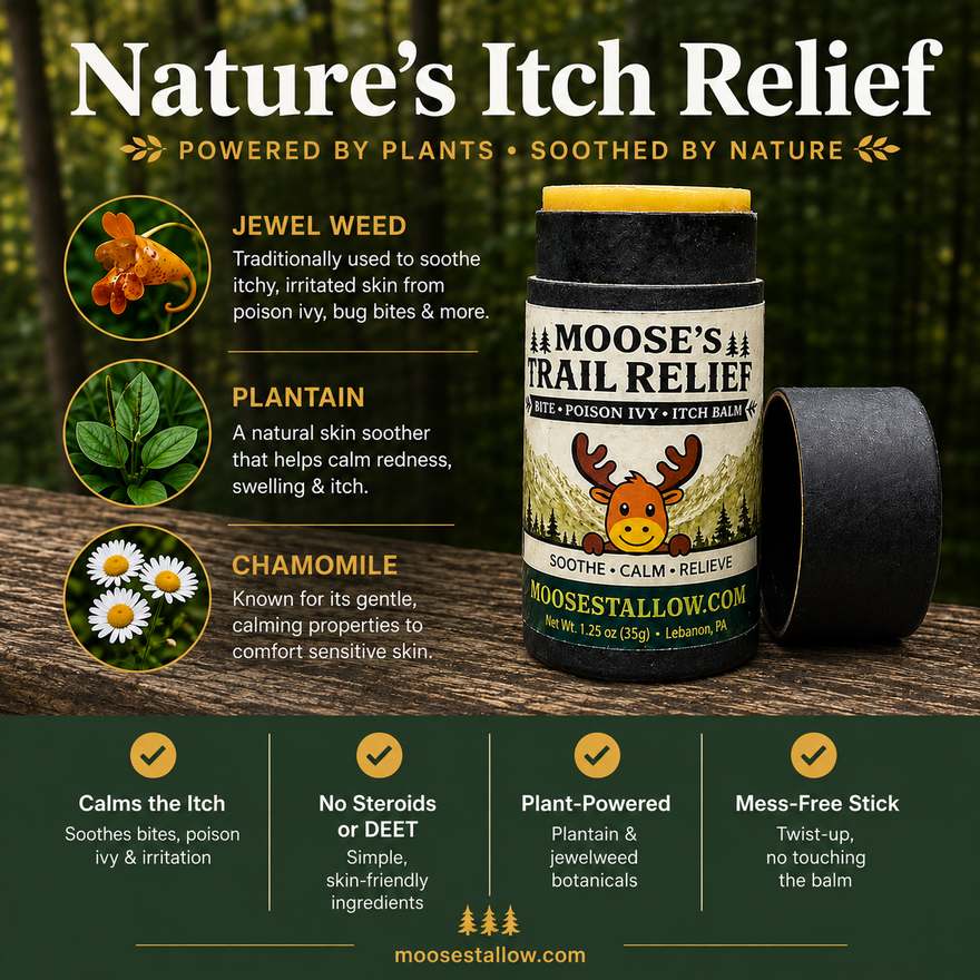 Nature's itch relief: Trail Relief made with jewelweed, plantain, and chamomile botanicals to soothe bites, poison ivy, and itchy skin