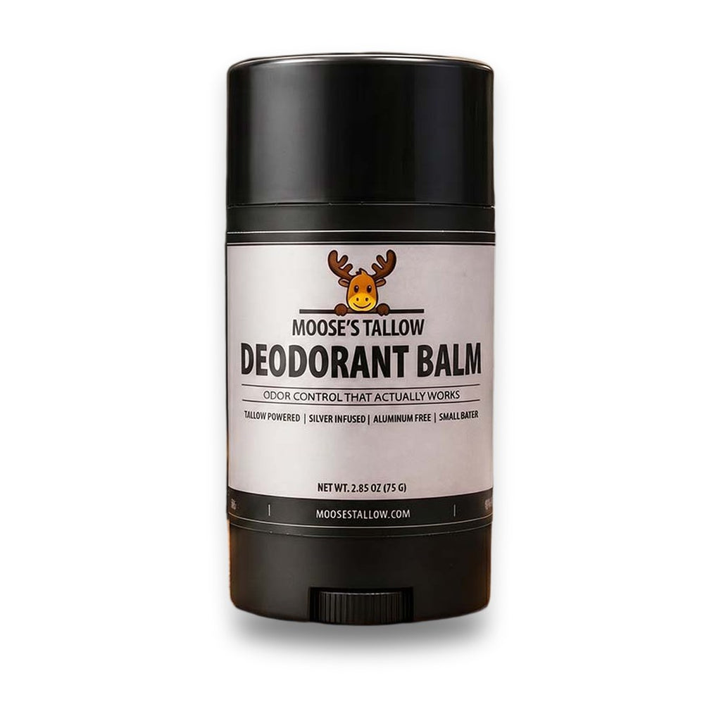 Unscented tallow deodorant balm stick on a white background