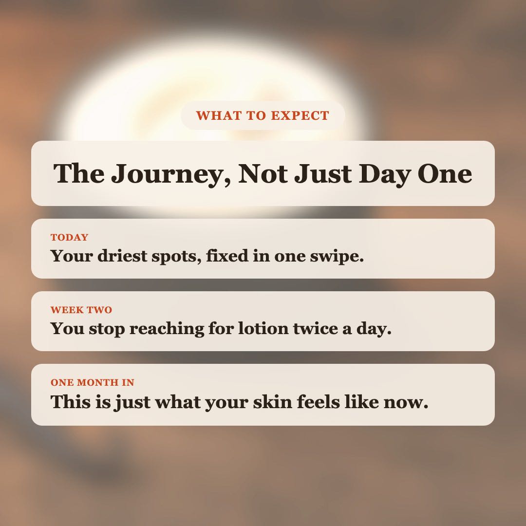 What to expect from Vanilla Ember Body Butter: driest spots fixed today, stop reaching for lotion by week two, lasting soft skin after one month