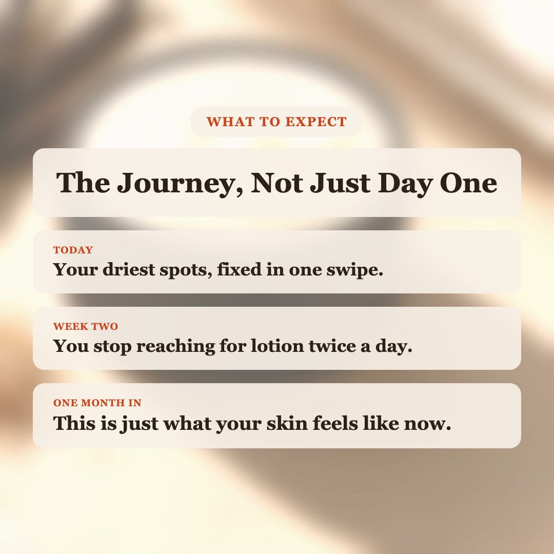 What to expect from Warm Sugar Body Butter: driest spots fixed today, stop reaching for lotion by week two, lasting soft skin after one month