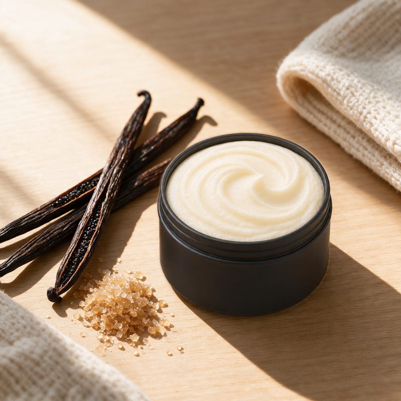 Warm Sugar Whipped Tallow Body Butter open black tin with vanilla bean pods and brown sugar chunks
